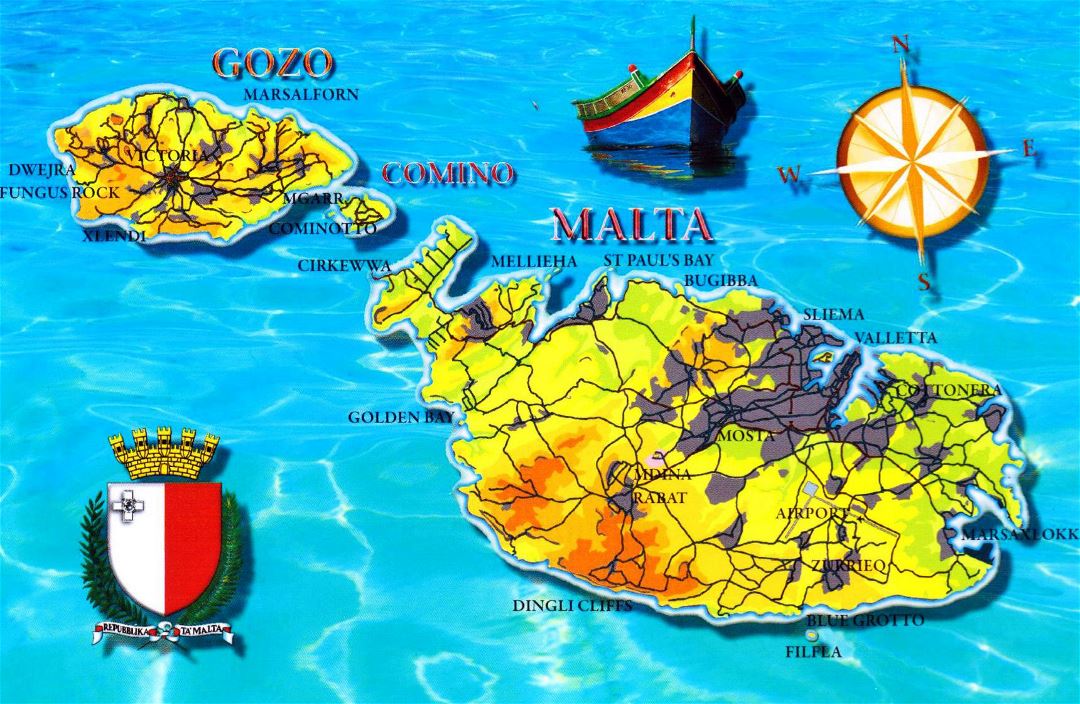 Большая детальная туристическая карта Мальты