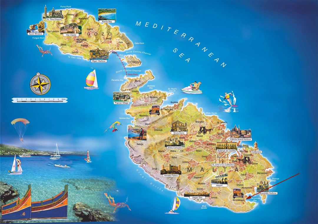 Большая детальная туристическая карта Мальты