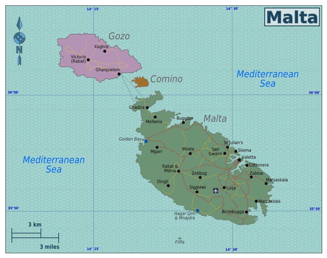 Большая карта Мальты и Гозо с дорогами и городами
