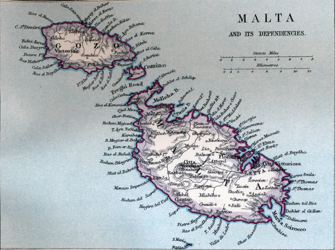 Большая старая карта Мальты с рельефом и другими пометками - 1907