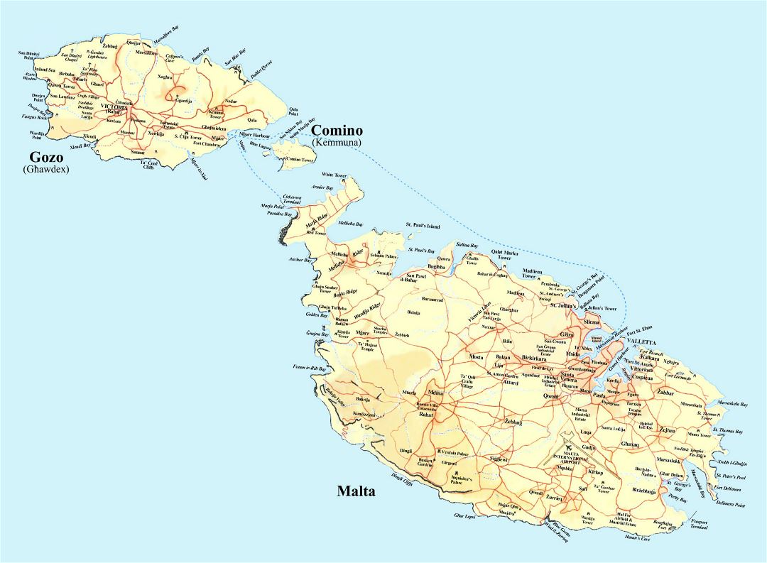 Большая карта дорог Мальты с рельефом