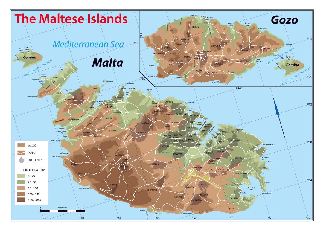 Крупномасштабная карта высот Мальты и Гозо с другими пометками