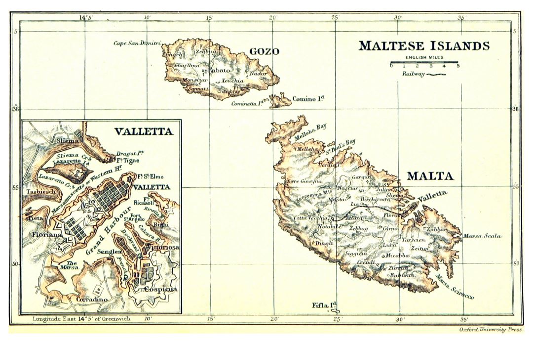 Крупномасштабная старая карта Мальты и Гозо с рельефом - 1888