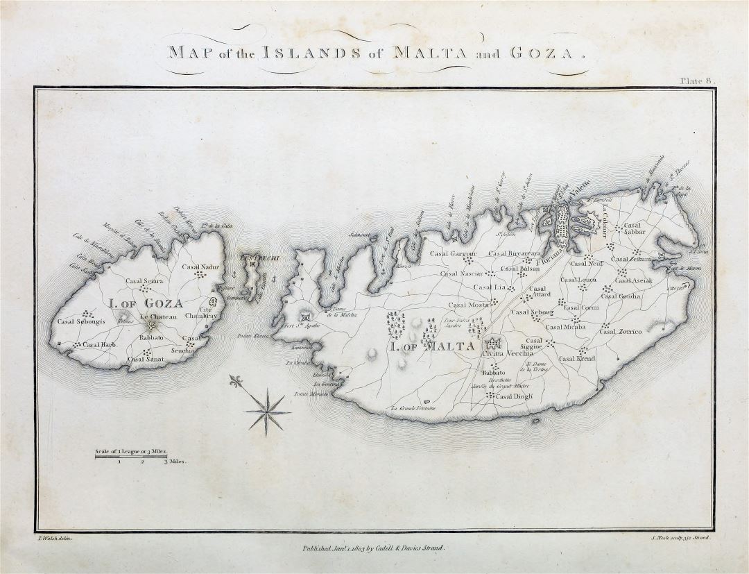 Крупномасштабная старая карта Мальты и Гозо с дорогами и городами - 1803