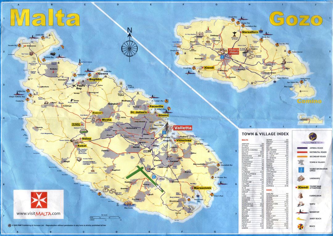 Крупномасштабная туристическая карта Мальты и Гозо с дорогами, городами и деревнями