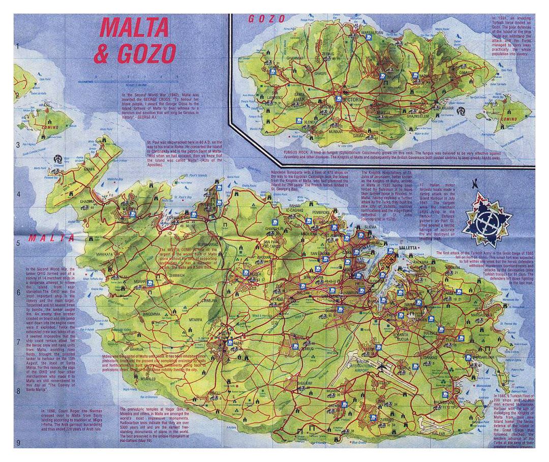 Туристическая карта Мальты с рельефом, дорогами и городами