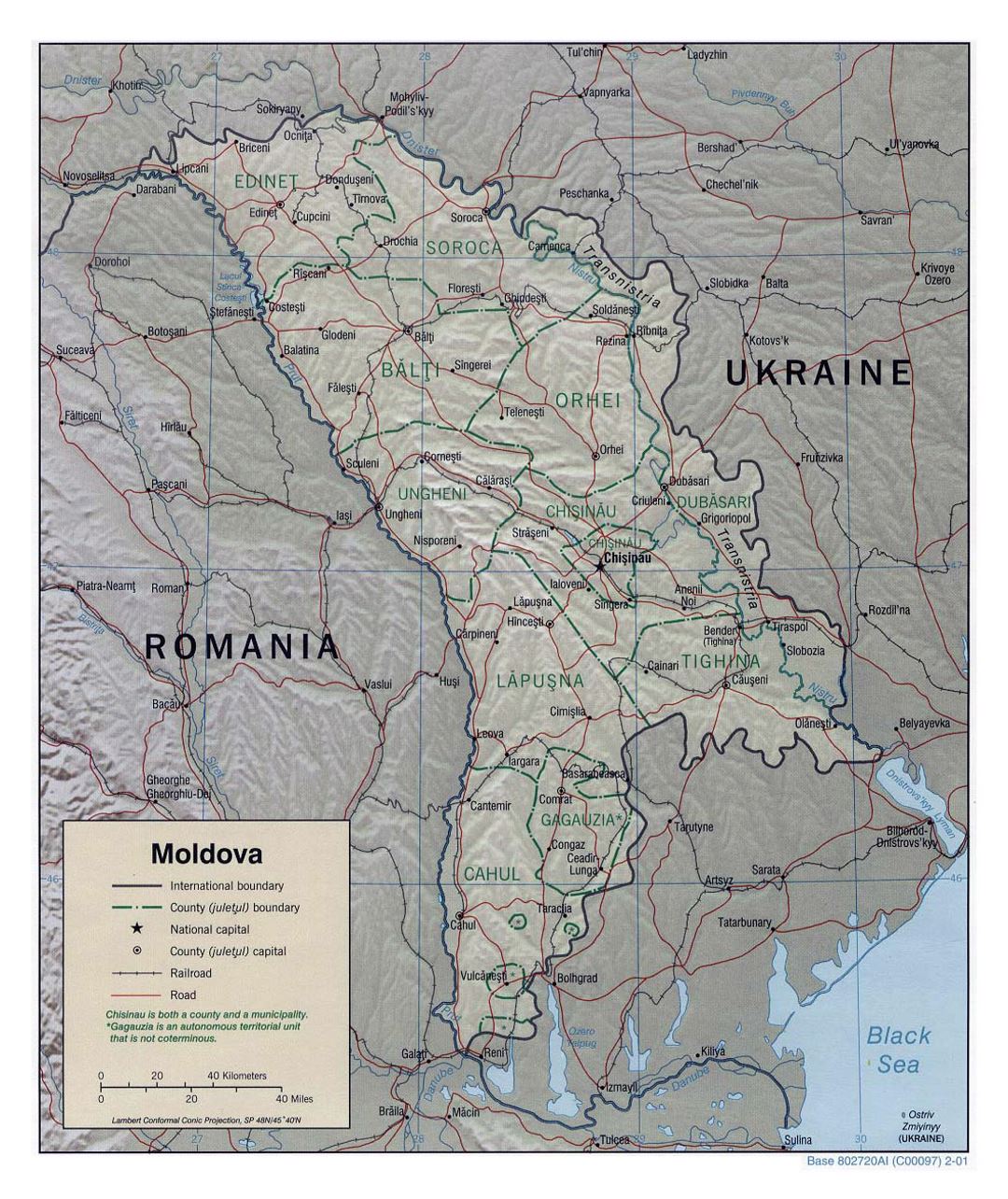 Детальная политическая и административная карта Молдовы с рельефом, дорогами, железными дорогами и крупными городами - 2001
