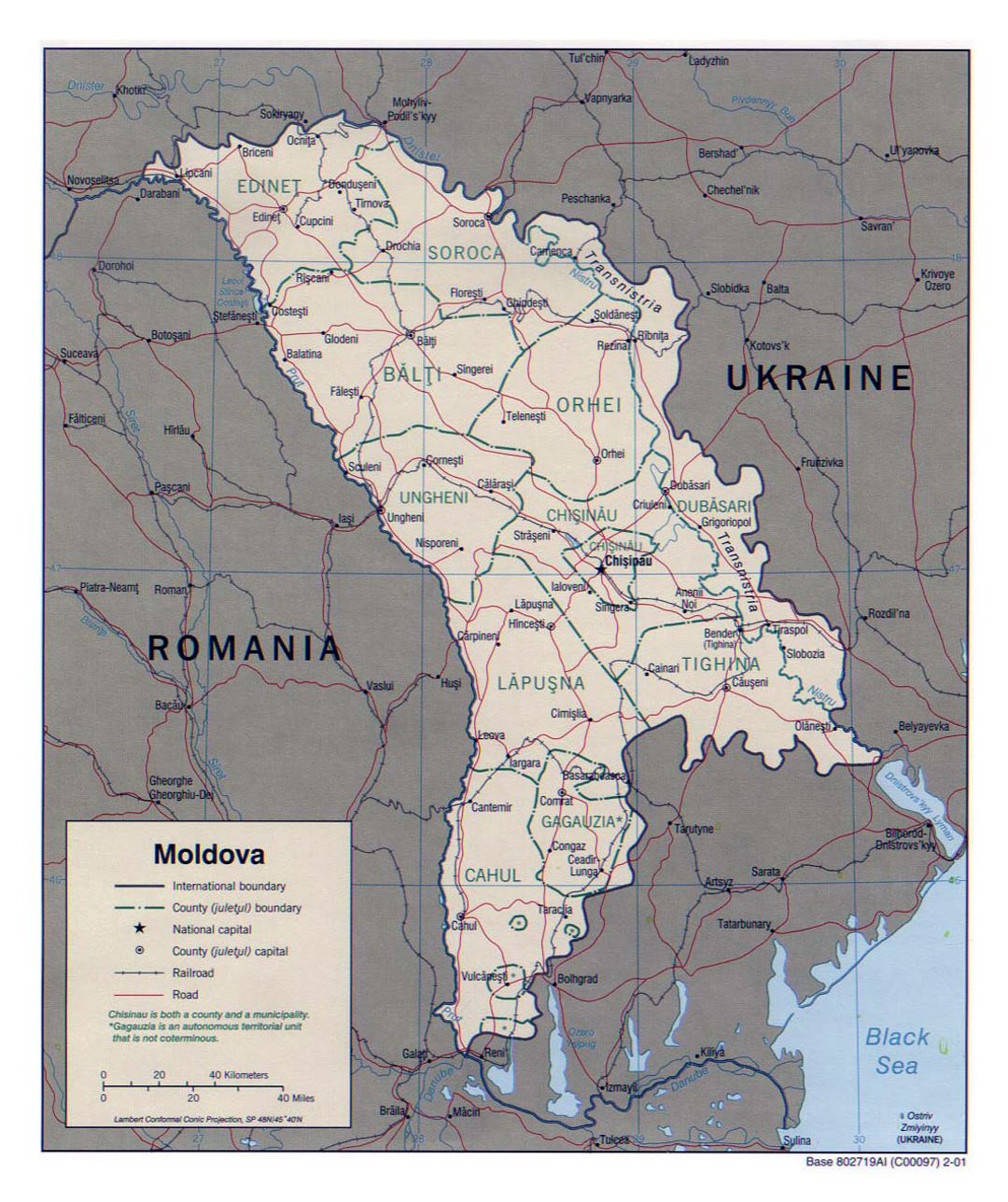 Детальная политическая и административная карта Молдовы с дорогами, железными дорогами и крупными городами - 2001