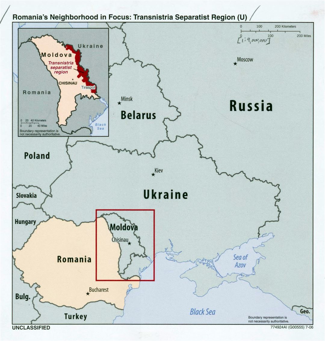 Большая детальная карта района Румынии в центре - Приднестровский сепаратистский регион - 2006