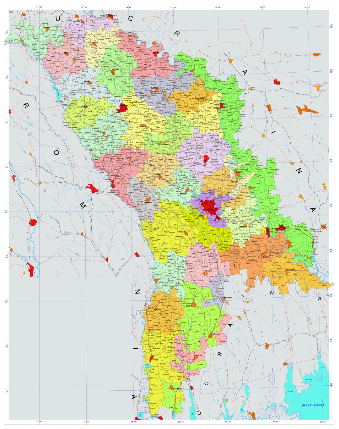 Большая детальная административная карта Молдовы со всеми дорогами, городами, деревнями и аэропортами
