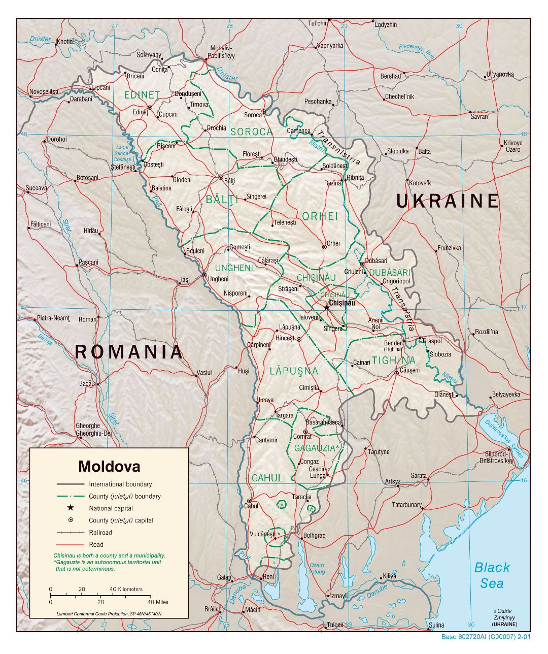 Большая детальная политическая и административная карта Молдовы с рельефом, дорогами, железными дорогами и крупными городами - 2001