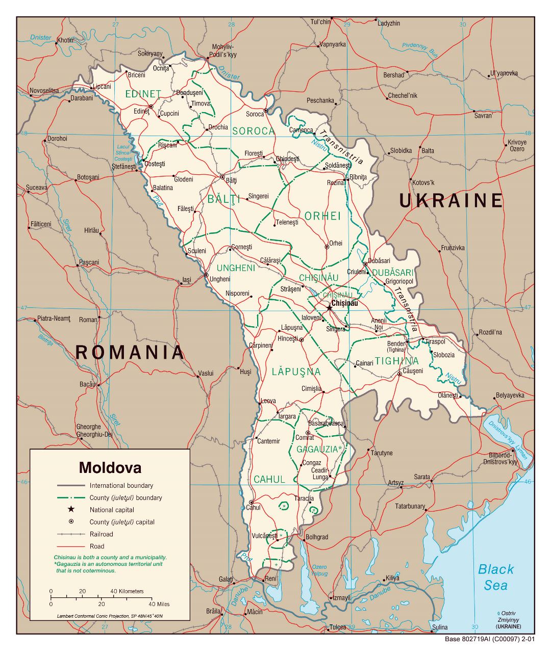 Большая детальная политическая и административная карта Молдовы с дорогами, железными дорогами и крупными городами - 2001