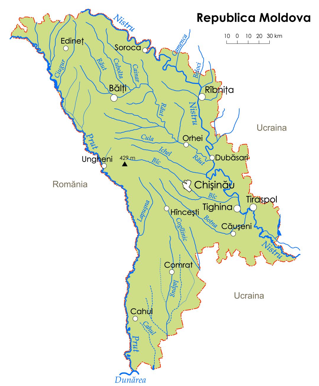 Большая карта рек Молдовы с крупными городами