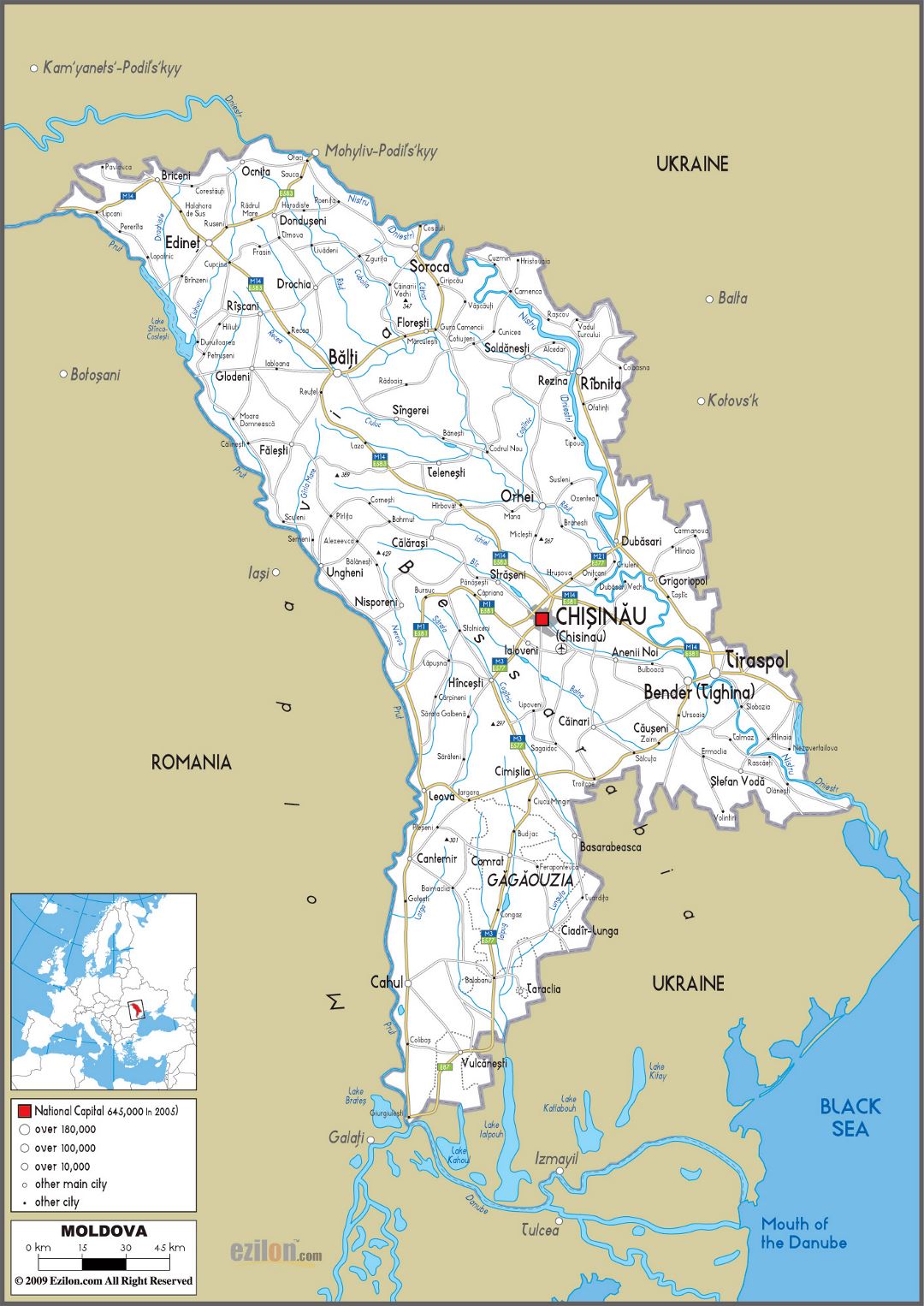 Большая карта дорог Молдовы с городами и аэропортами