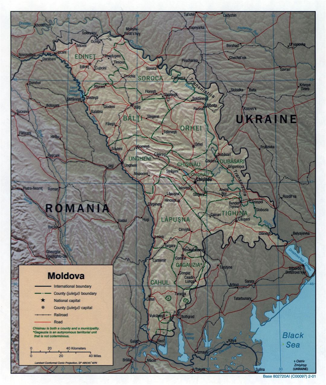 Крупномасштабная политическая и административная карта Молдовы с рельефом, дорогами, железными дорогами и крупными городами - 2001