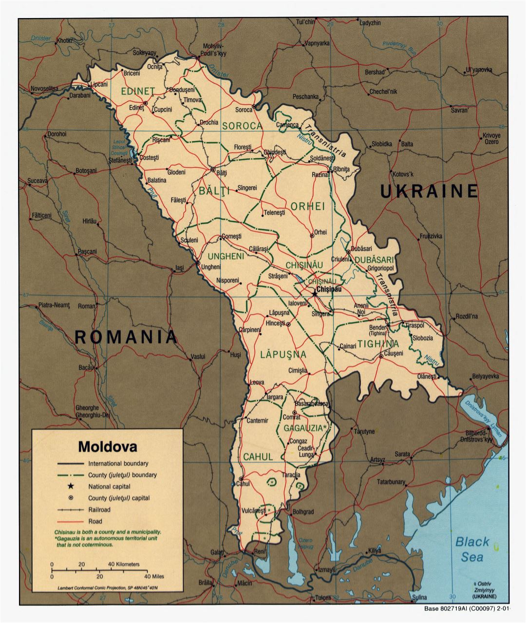 Крупномасштабная политическая и административная карта Молдовы с дорогами, железными дорогами и крупными городами - 2001