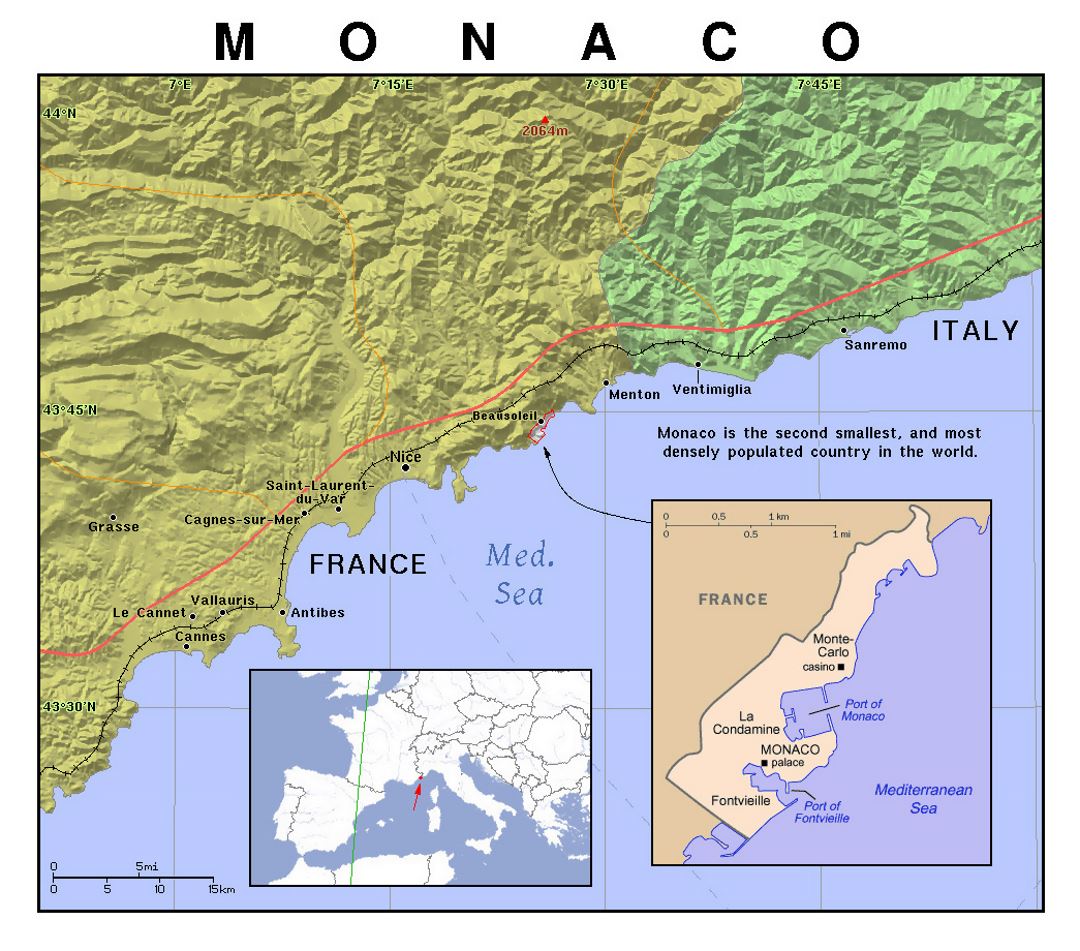 Детальная политическая карта Монако с рельефом