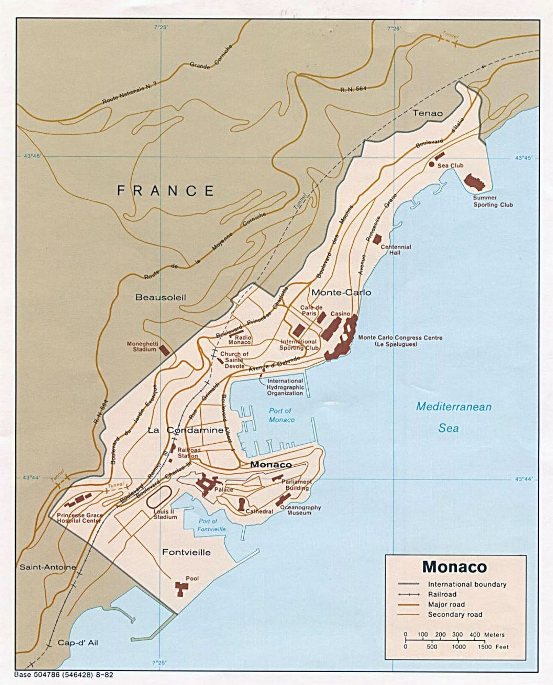 Детальная политическая карта Монако с дорогами и железными дорогами - 1982