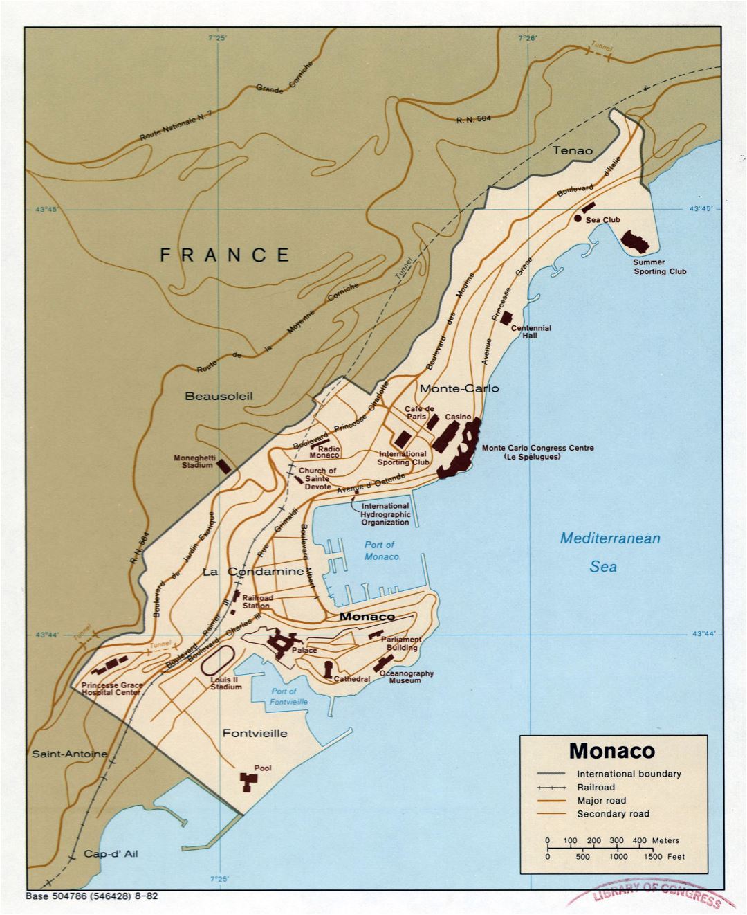 Большая детальная политическая карта Монако с дорогами и железными дорогами - 1982