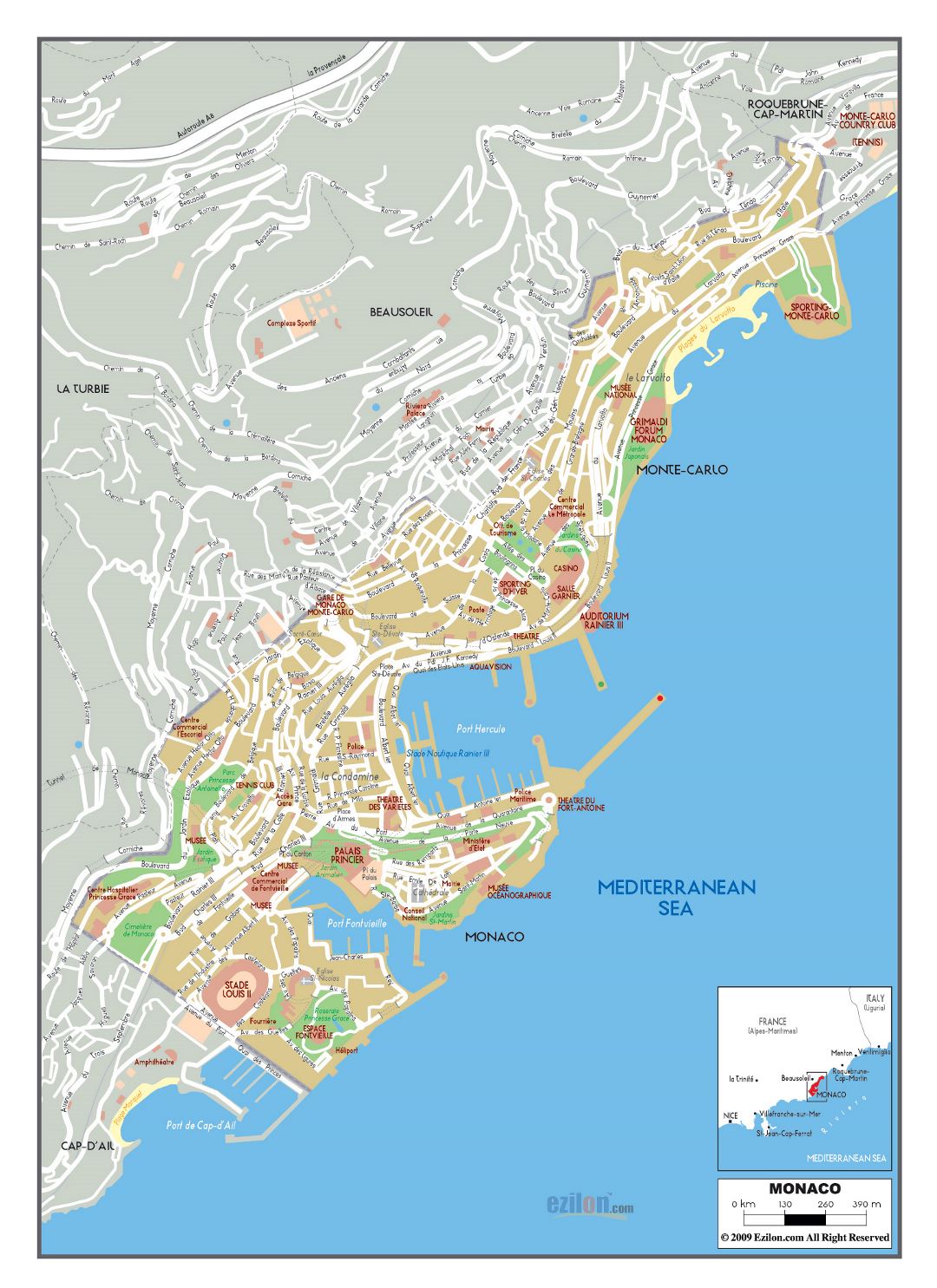 Большая карта дорог Монако с названиями улиц