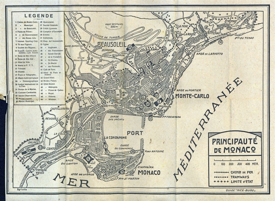 Крупномасштабная детальная старая карта Монако
