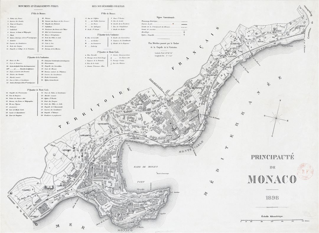 Крупномасштабная детальная старая карта Монако со зданиями - 1898