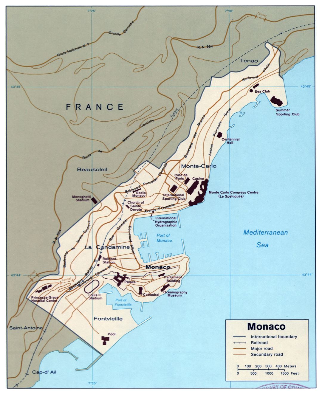 Крупномасштабная политическая карта Монако с  дорогами и железными дорогами
