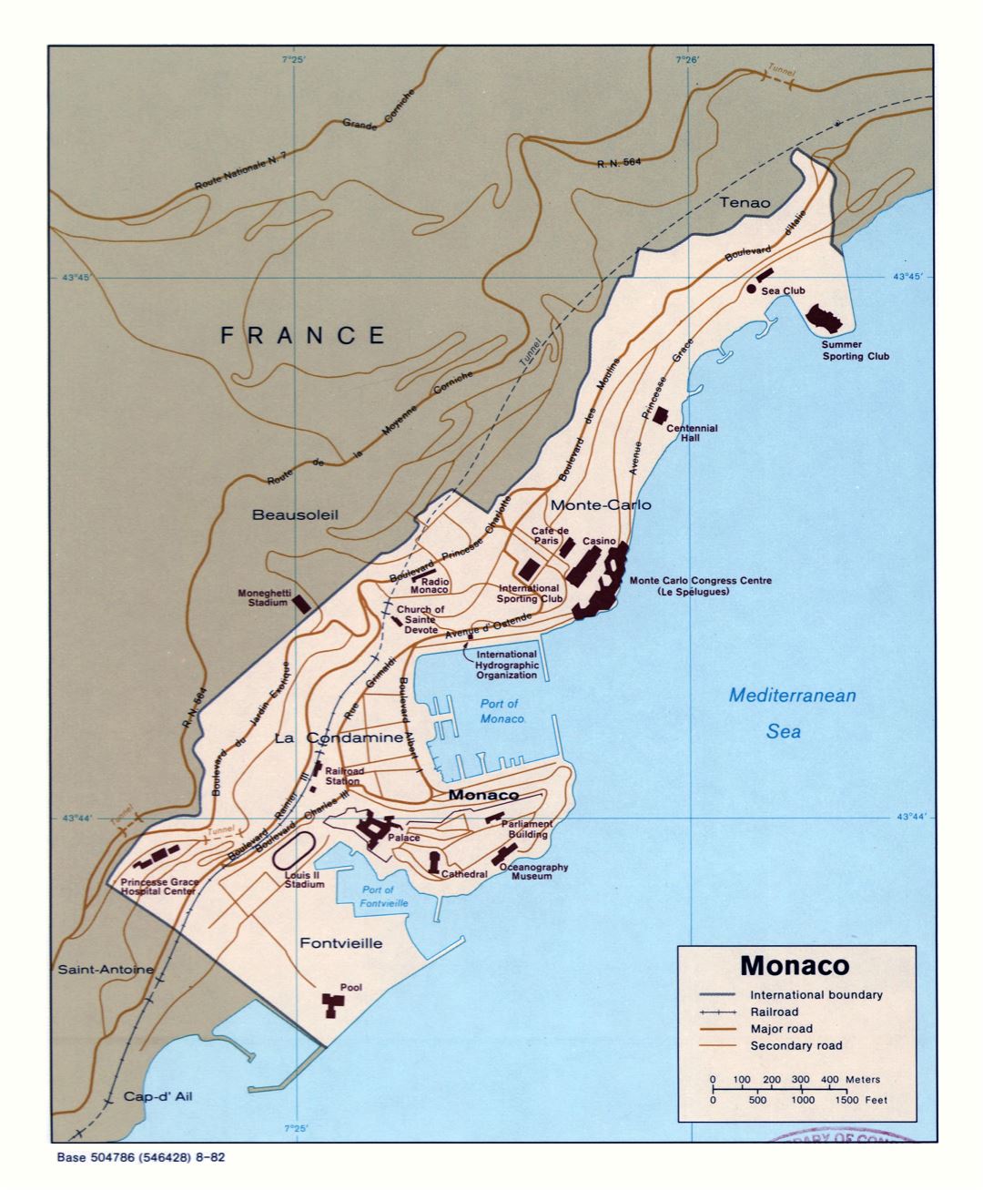 Крупномасштабная политическая карта Монако с дорогами, железными дорогами и зданиями - 1982