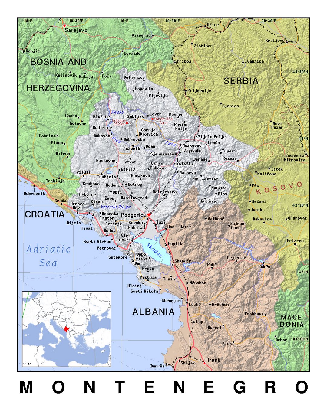 Детальная политическая карта Черногории с рельефом
