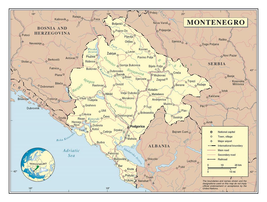 Детальная политическая карта Черногории с дорогами, городами и аэропортами