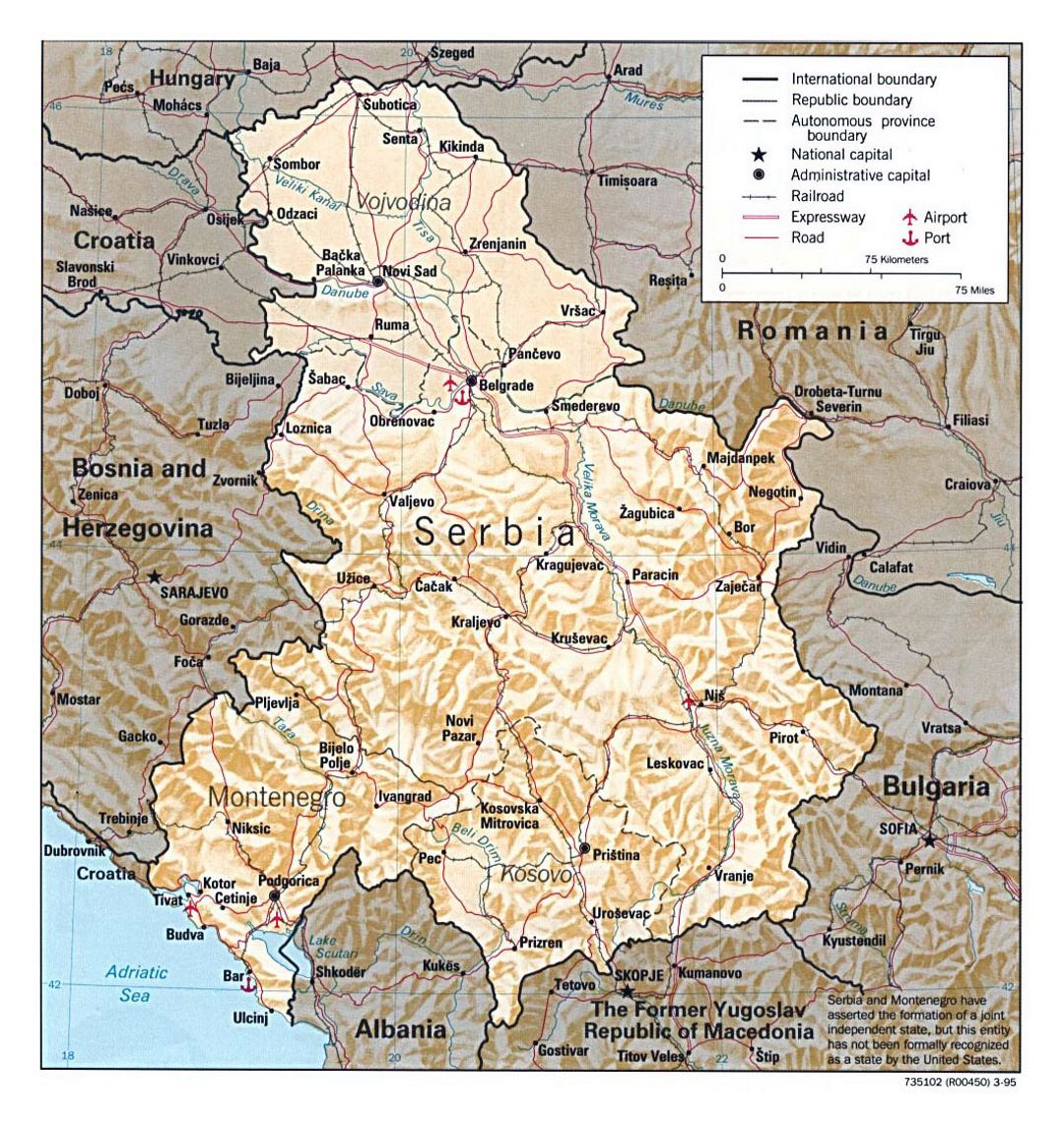 Детальная политическая карта Сербии и Черногории с рельефом - 1995