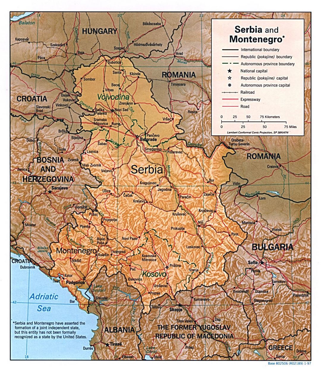 Детальная политическая карта Сербии и Черногории с рельефом, дорогами, железными дорогами и крупными городами - 1997