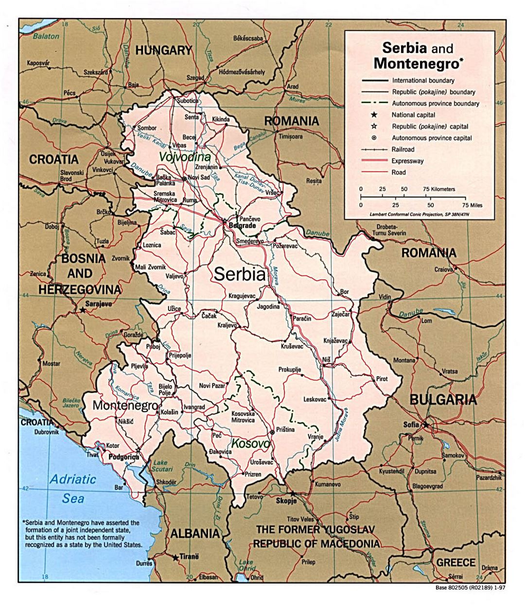 Детальная политическая карта Сербии и Черногории с дорогами, железными дорогами и крупными городами - 1997