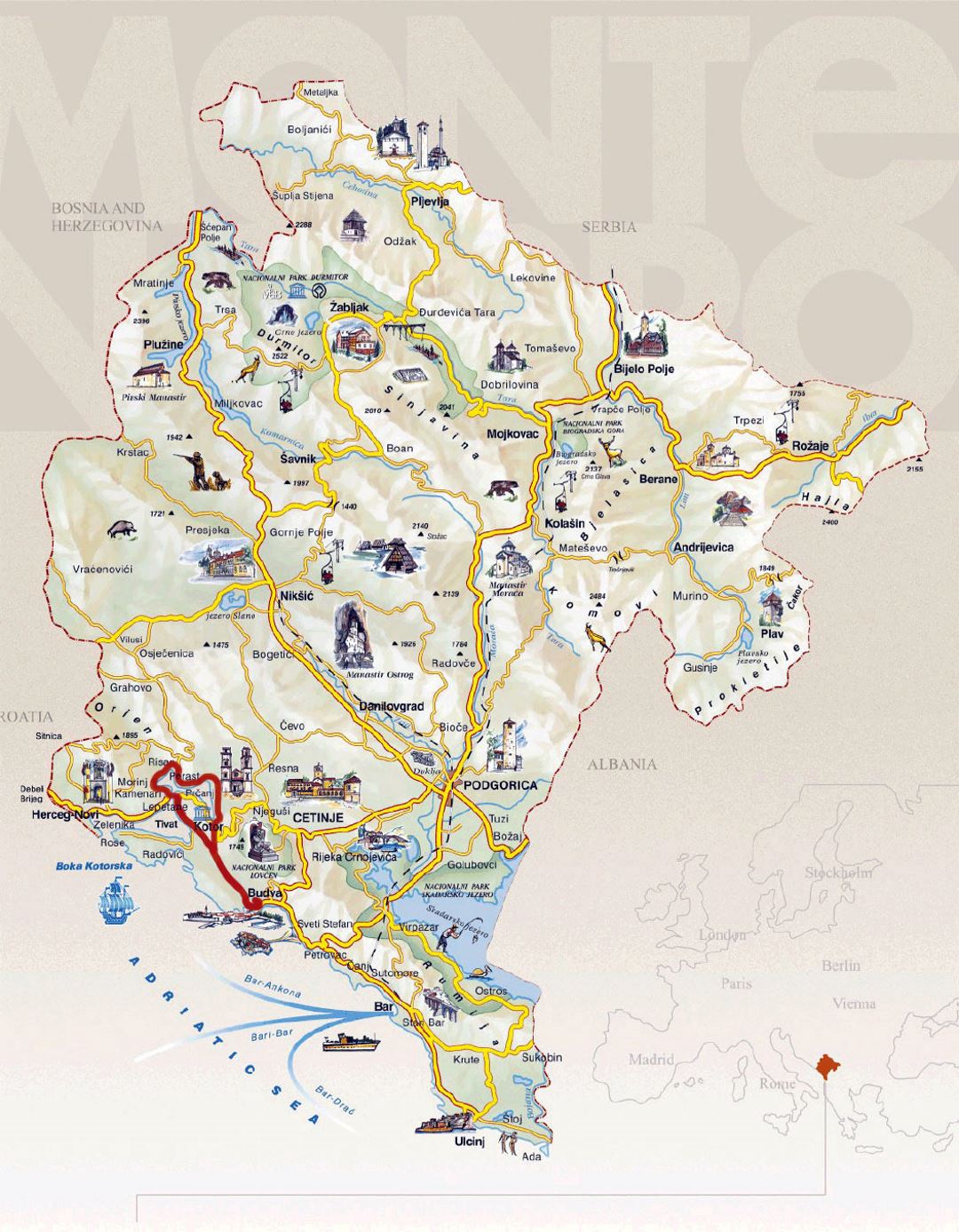 Детальная туристическая карта Черногории