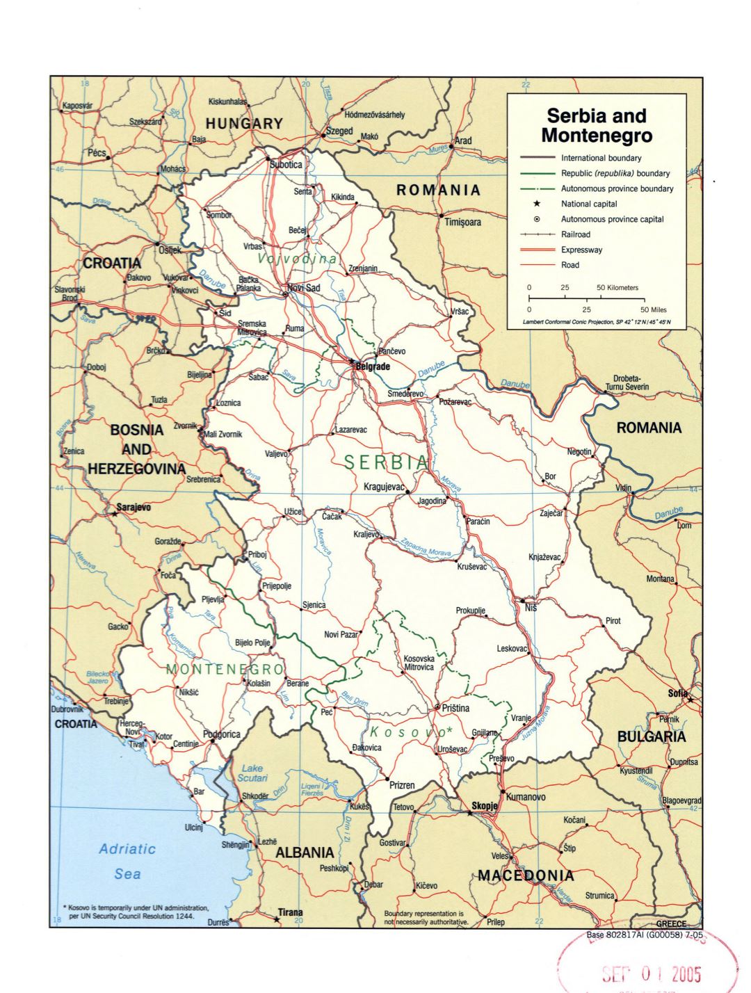 Большая политическая карта Сербии и Черногории с пометками дорог, железных дорог и крупных городов - 2005