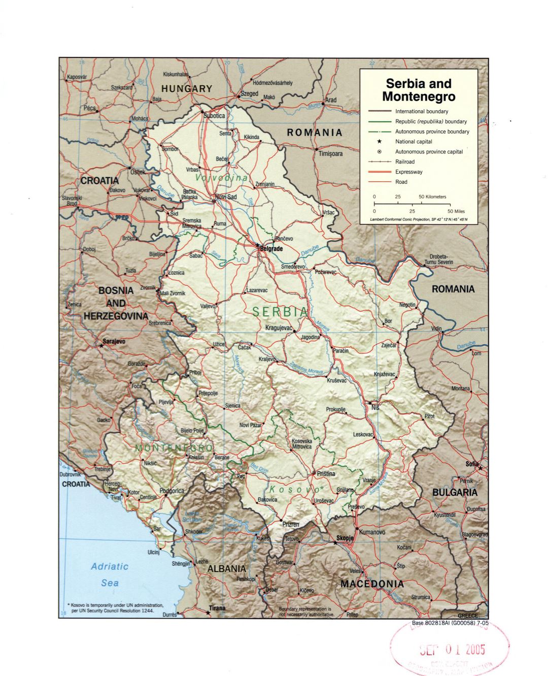 Большая политическая карта Сербии и Черногории с рельефом, пометками дорог, железных дорог и крупных городов - 2005