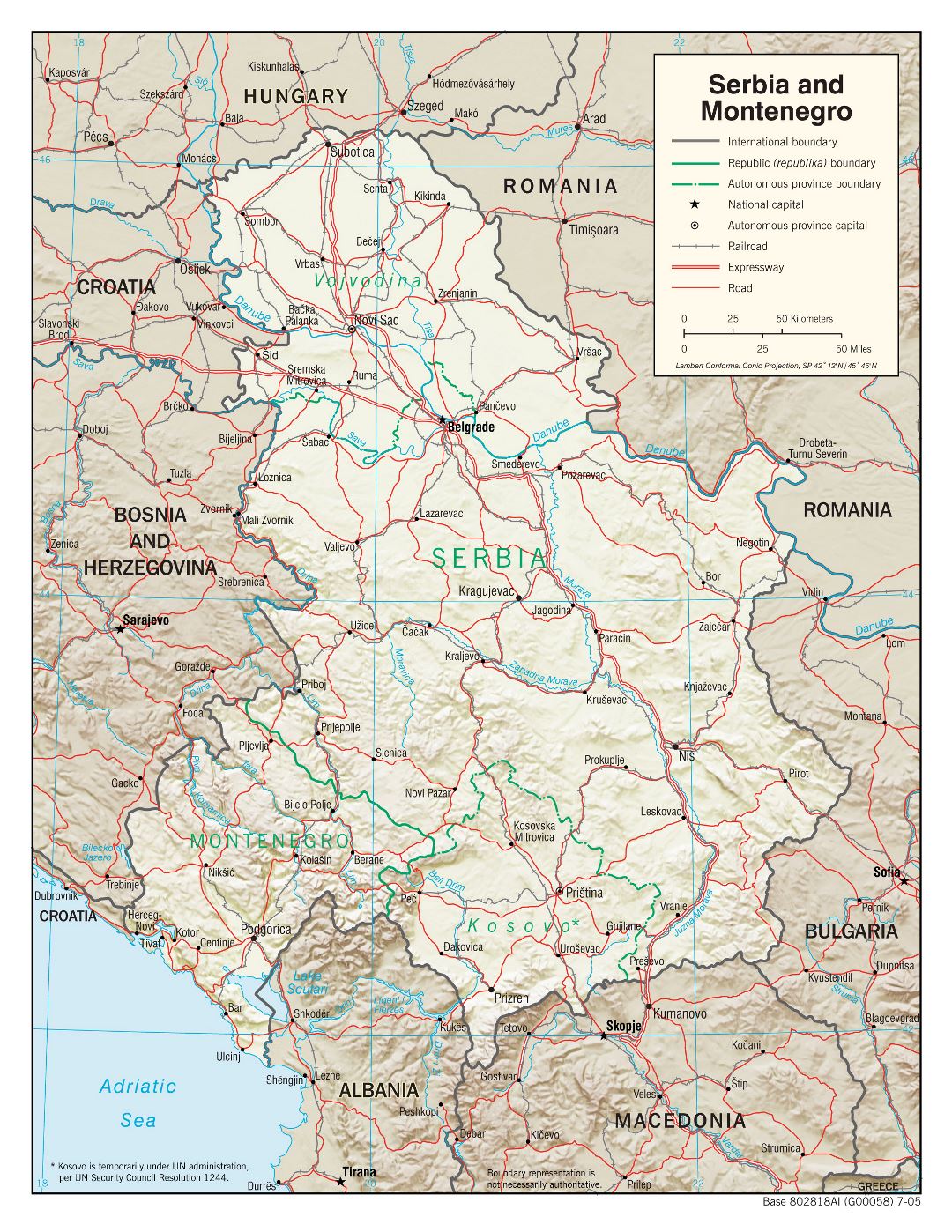 Большая детальная политическая карта Сербии и Черногории с рельефом, дорогами, железными дорогами и крупными городами - 2005