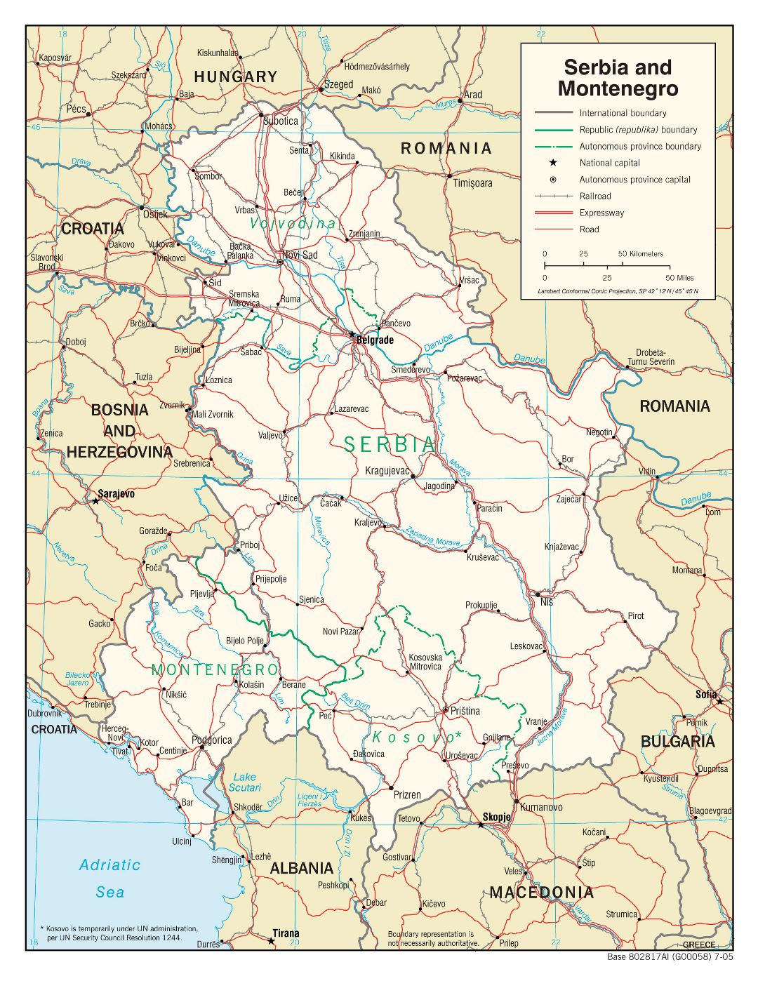 Большая детальная политическая карта Сербии и Черногории с дорогами, железными дорогами и крупными городами - 2005