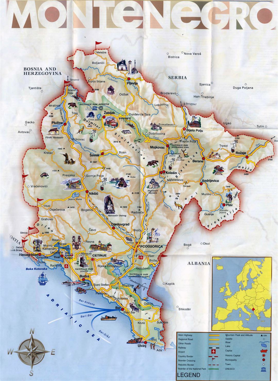 Большая детальная туристическая карта Черногории с дорогами