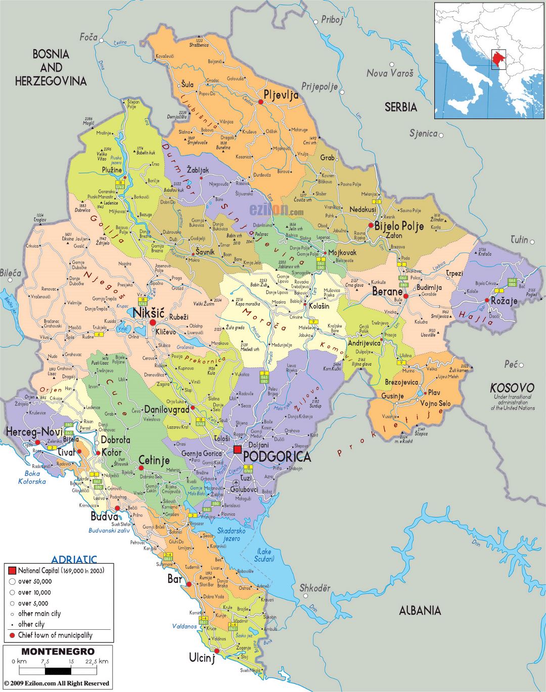 Большая политическая и административная карта Черногории с дорогами, городами и аэропортами