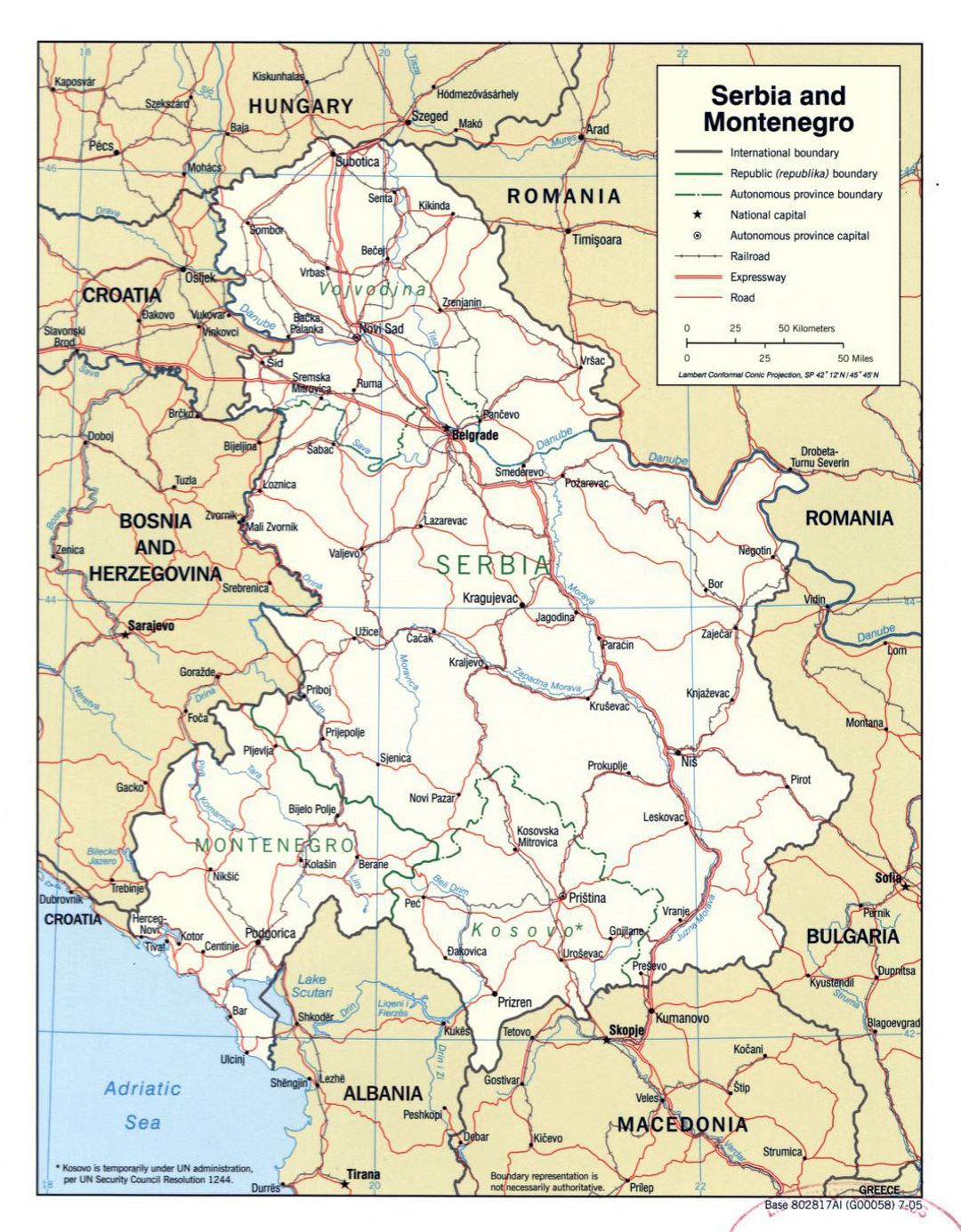 Большая политическая карта Сербии и Черногории - 2005