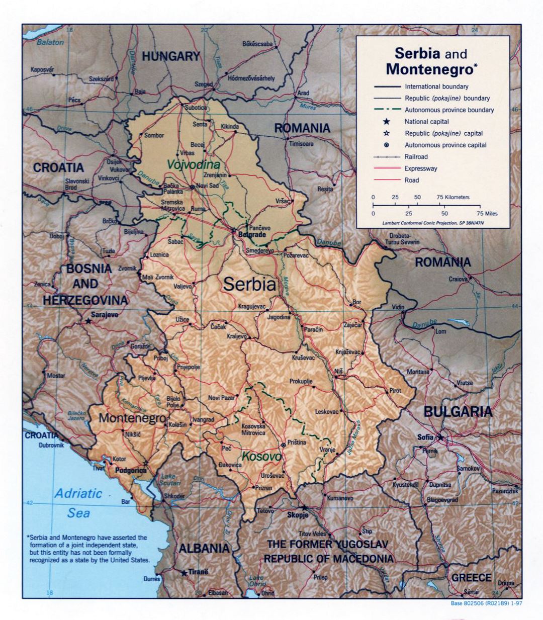Большая политическая карта Сербии и Черногории с рельефом - 1997