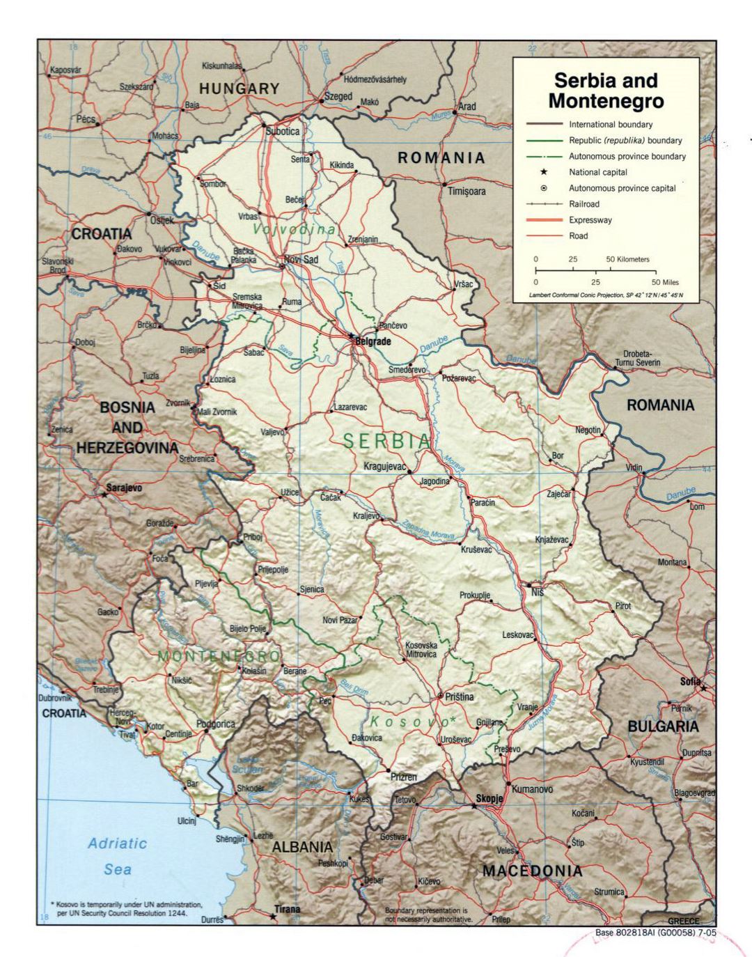 Большая политическая карта Сербии и Черногории с рельефом - 2005