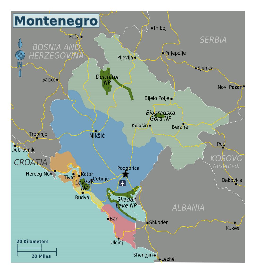 Большая карта регионов Черногории