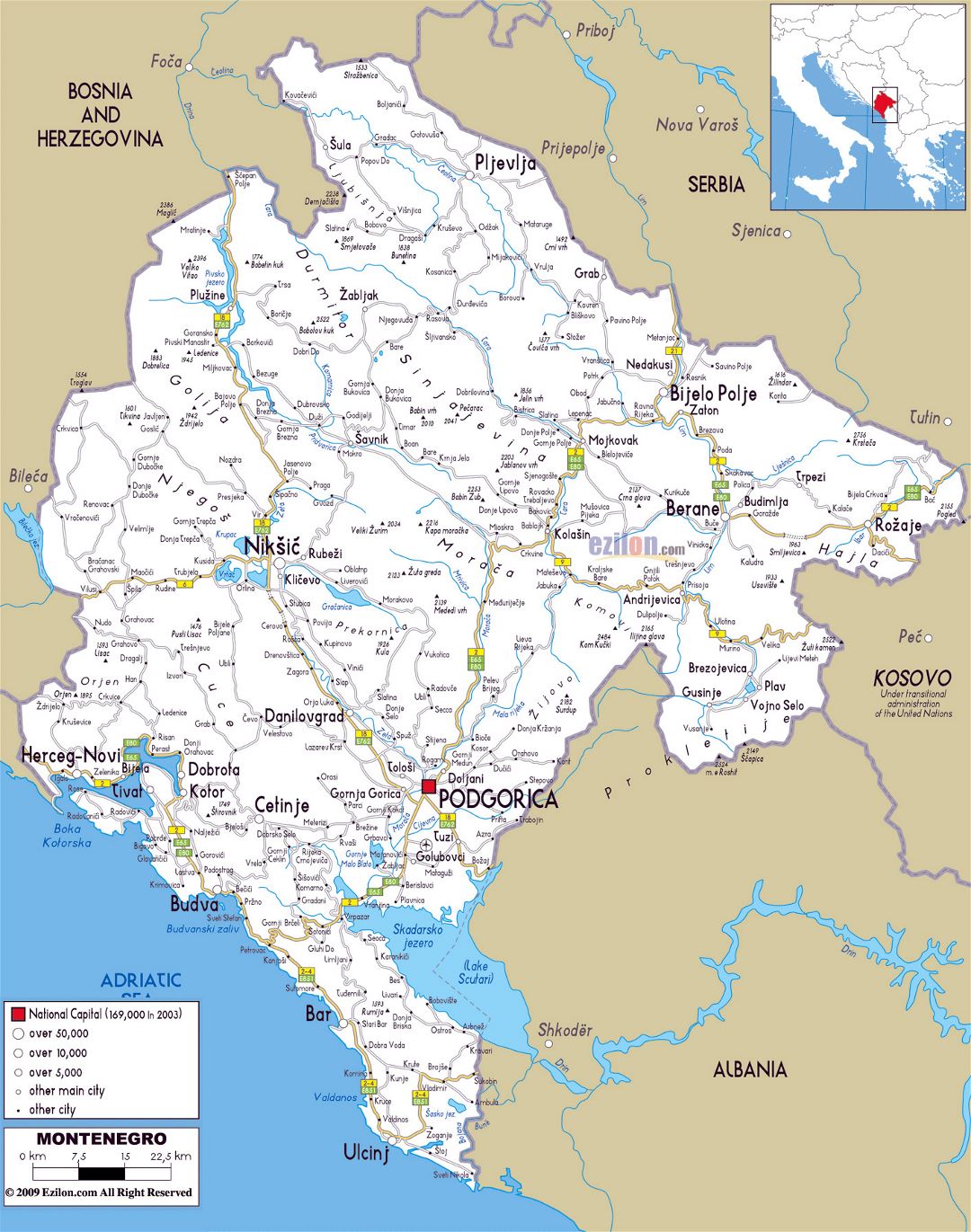 Большая карта дорог Черногории с городами и аэропортами