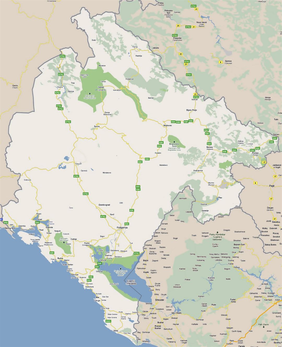 Большая карта дорог Черногории с городами и национальными парками