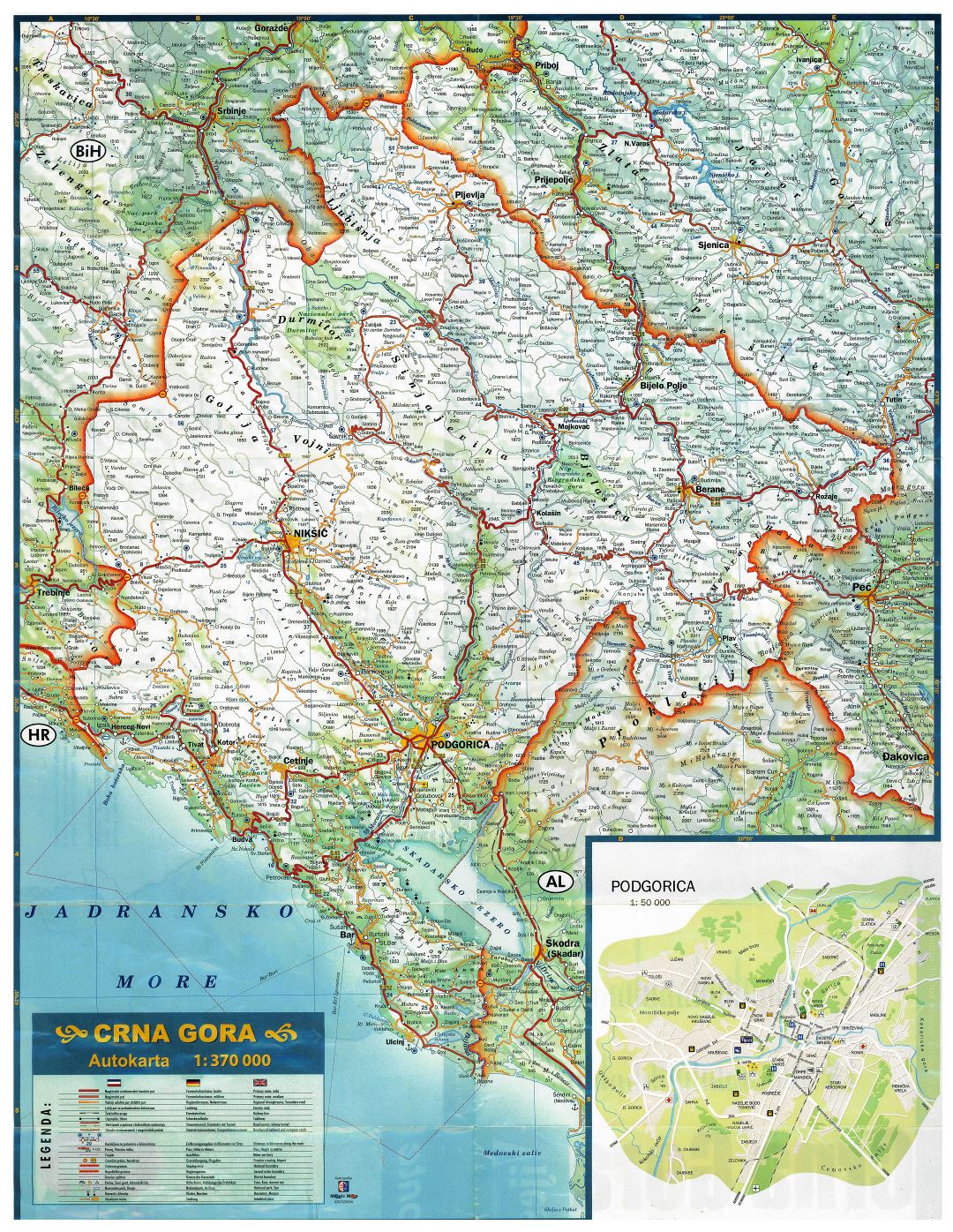 Крупномасштабная карта дорог Черногории со всеми городами, деревнями и другими пометками
