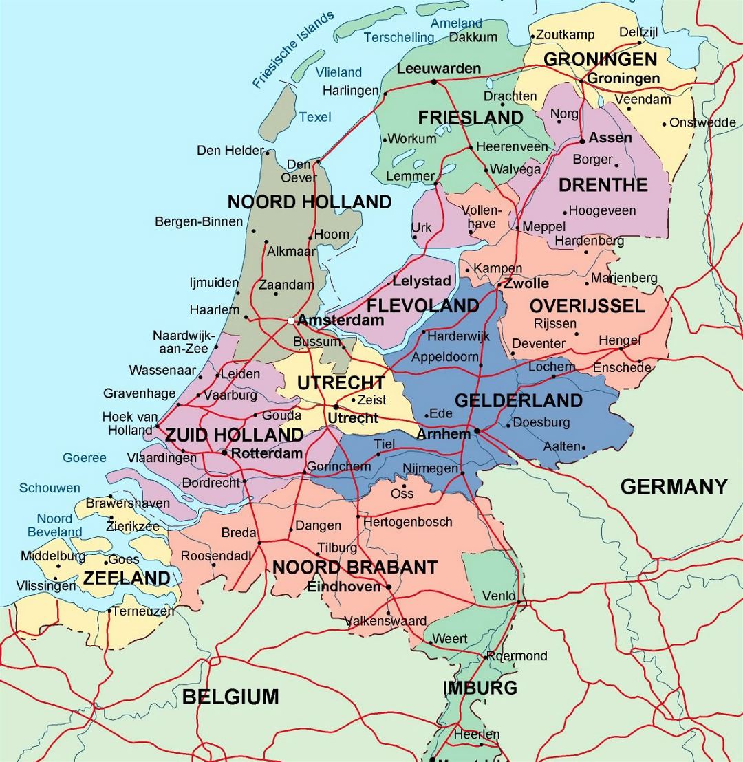 Детальная административная карта Нидерландов с крупными городами