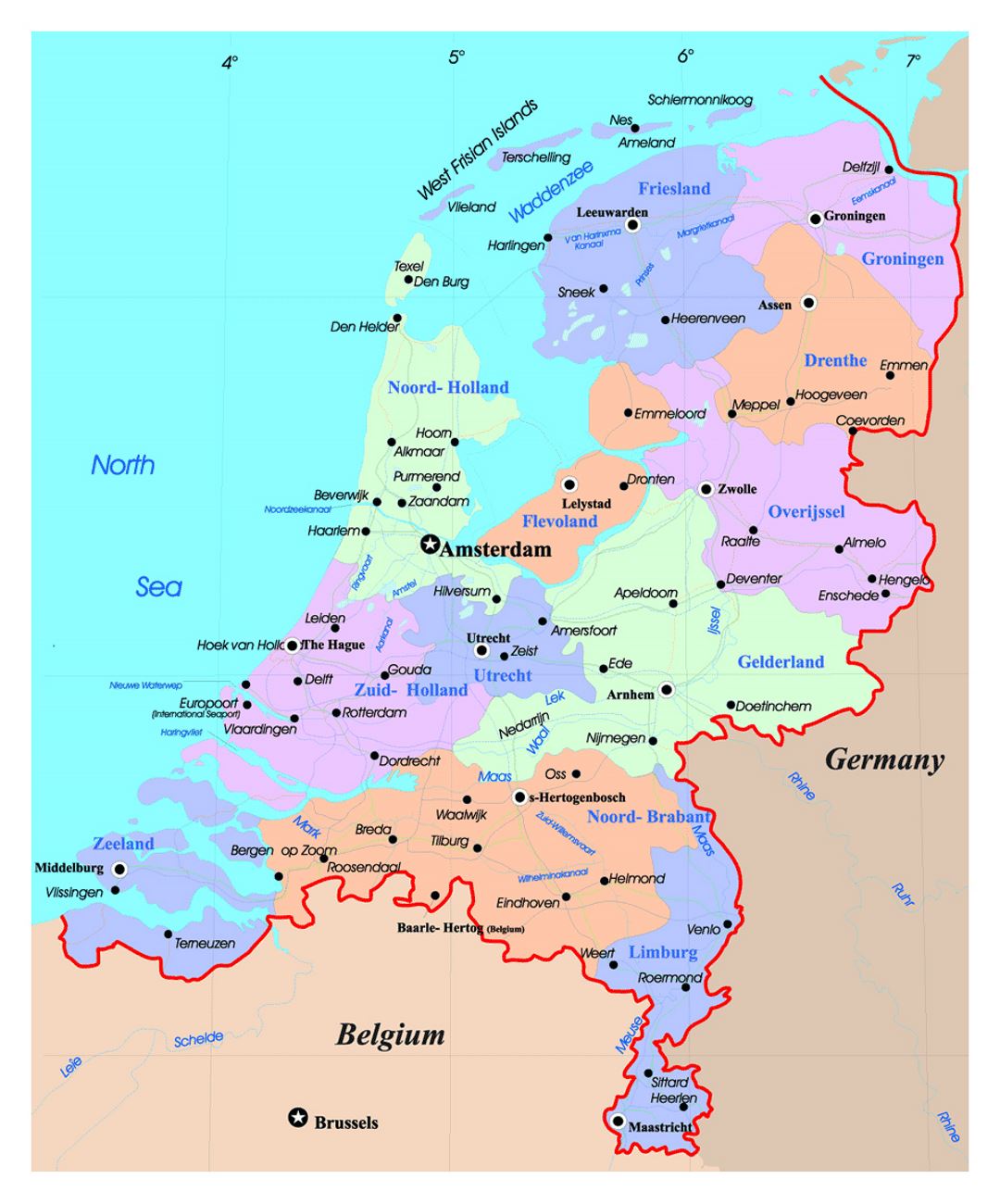 Детальная политическая и административная карта Нидерландов (Голландия) с дорогами и крупными городами