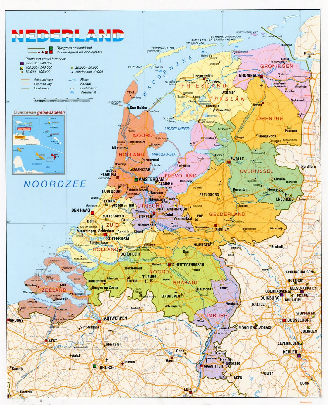 Детальная политическая и административная карта Нидерландов с дорогами, городами и аэропортами
